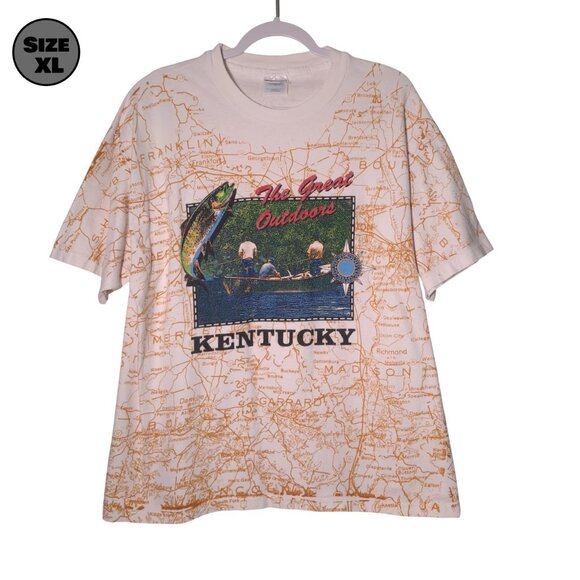 VINTAGE Kentucky The Great Outdoors Map USED Shirt (XL, Single Stitch, AOP) - Picture 1 of 7